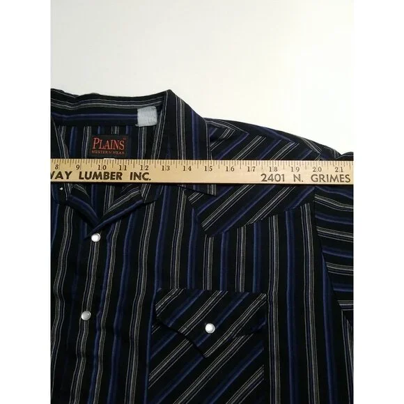 Plains Vintage Western Wear Shirt Mens XL Pearl Snap Black Blue Stripe LS - Picture 9 of 11